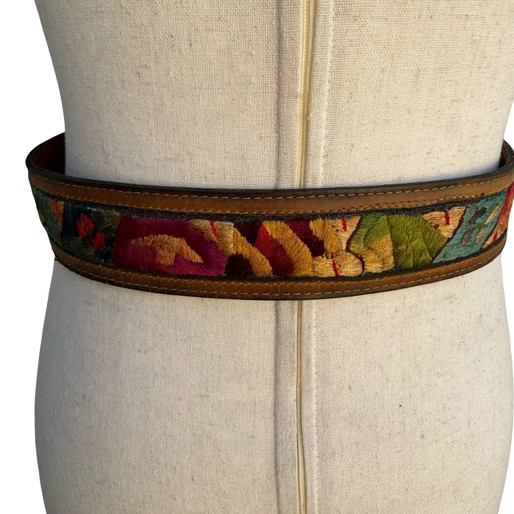 Swank Vintage Brown Leather Hand Embroidered Denim Belt Haiti Boho Western 30-32